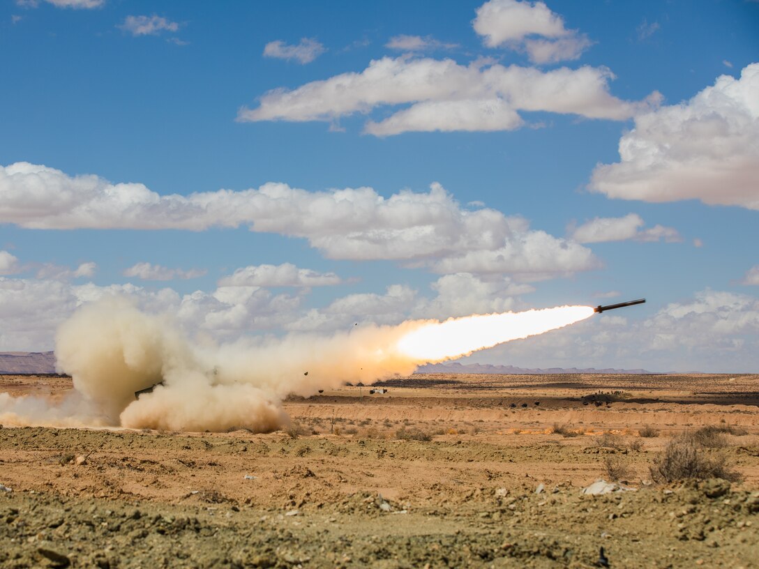 The M142 High Mobility Artillery Rocket System (HIMARS) fires live rounds during an air-to-ground rehearsal exercise in Ben Ghilouf, Tunisia May 09, 2024. African Lion 2024 marks the 20th anniversary of U.S. Africa Command’s premiere joint exercise led by U.S. Army Southern European Task Force, Africa (SETAF-AF), running from April 19 to May 31 across Morocco, Ghana, Senegal and Tunisia, with over 8,100 participants from 27 nations and NATO contingents. (U.S. Army photo by Sgt. Lukas Sparks)