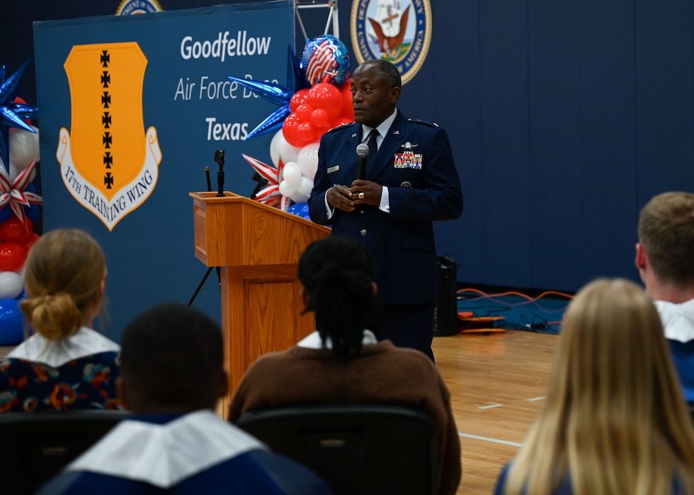 U.S. Air Force Lt. Gen. (Ret) Ronnie Hawkins, Angelo State University president, speaks during the second annual Goodfellow Air Force Base Armed Forces Commitment Celebration at the Mathis Fitness Center, Goodfellow Air Force Base, Texas, May 10, 2024. Hawkins thanked the students for their commitment to serve and gave them career advice. (U.S. Air Force photo by Airman First Class Evelyn J. D’Errico)