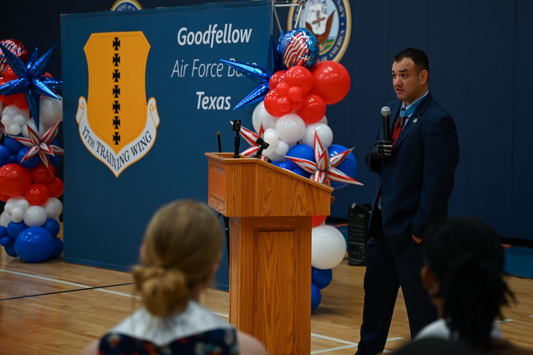 U.S. Army Master Sgt. (Ret) Leroy Petry, Medal of Honor recipient, gives a motivational speech to 23 new recruits during the second annual Goodfellow Air Force Base Armed Forces Commitment Celebration at the Mathis Fitness Center, Goodfellow Air Force Base, Texas, May 10, 2024. San Angelo high school seniors who have committed to a career of military service attended a service academy, accepted an ROTC scholarship or enlisted for service as active duty, reserve or National Guard. (U.S. Air Force photo by Airman First Class Evelyn J. D’Errico)