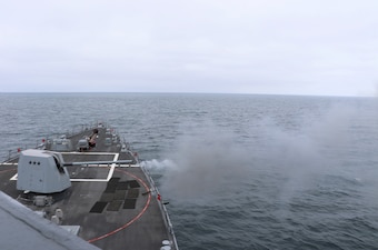 USS Frank E. Petersen Jr. (DDG 121) live-fire exercise in the Pacific Ocean.