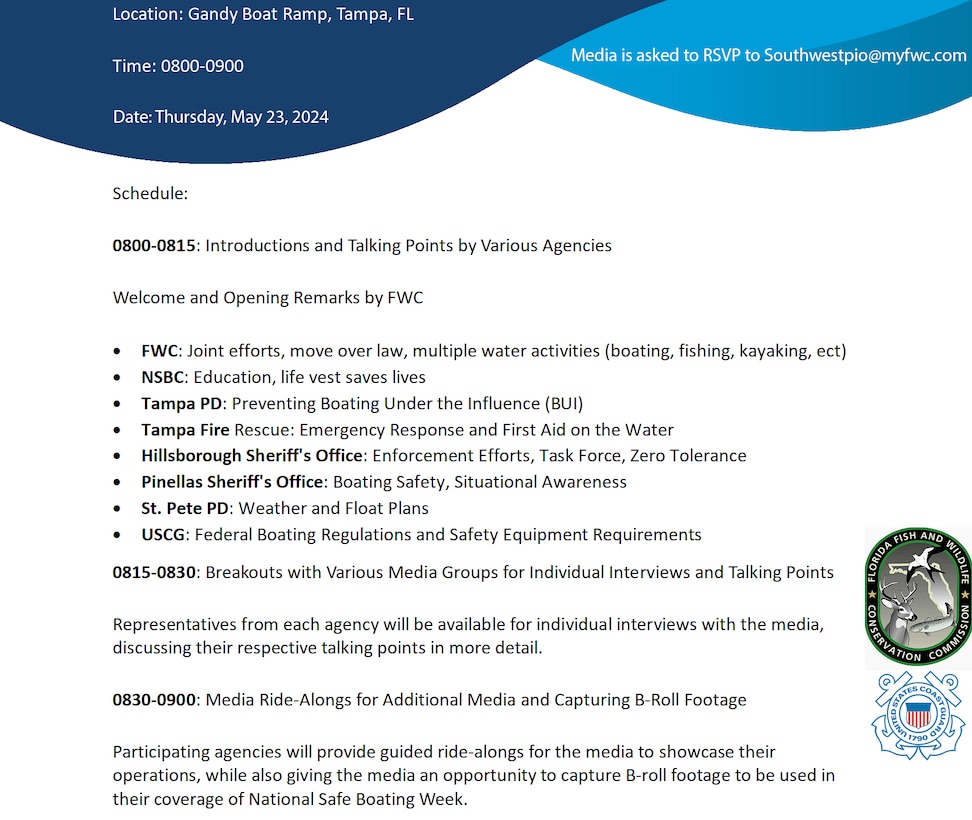 Coast Guard Sector St. Petersburg and Coast Guard Auxiliary Flotilla 9th Division crews are teaming up with the Florida Fish and Wildlife Conservation Commission and Sarasota County for multiple events throughout National Safe Boating Week. (U.S. Coast Guard Graphic)