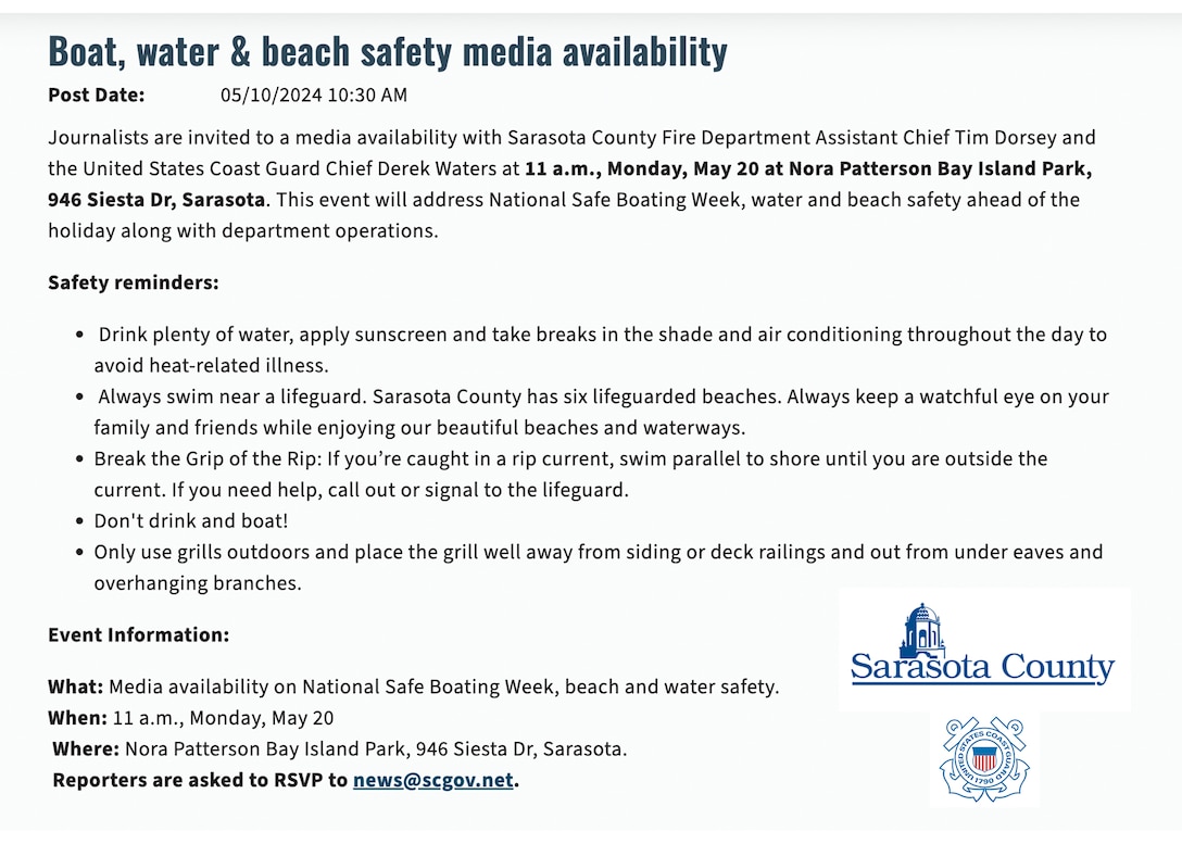 Coast Guard Sector St. Petersburg and Coast Guard Auxiliary Flotilla 9th Division crews are teaming up with the Florida Fish and Wildlife Conservation Commission and Sarasota County for multiple events throughout National Safe Boating Week. (U.S. Coast Guard Graphic)