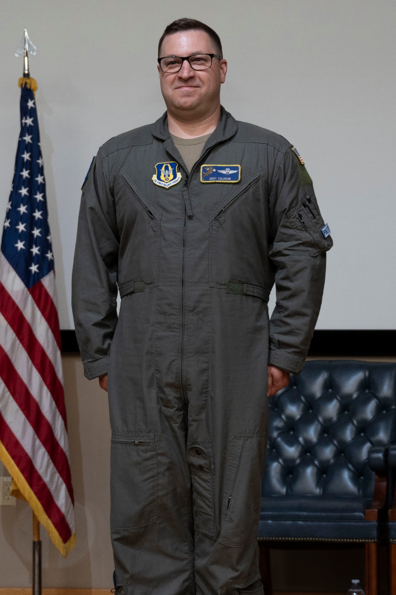 U.S. Air Force Lt. Col. Andrew Calhoun stands at attention after becoming the 96th Flying Training Squadron commander at the 96th FTS change of command ceremony at Laughlin Air Force Base, Texas, May 10, 2024. As commander, Calhoun will lead the recruitment, training and development of a 75-person Associate Reserve Instructor Pilot Corps and support personnel. (U.S. Air Force photo by Senior Airman Kailee Reynolds)