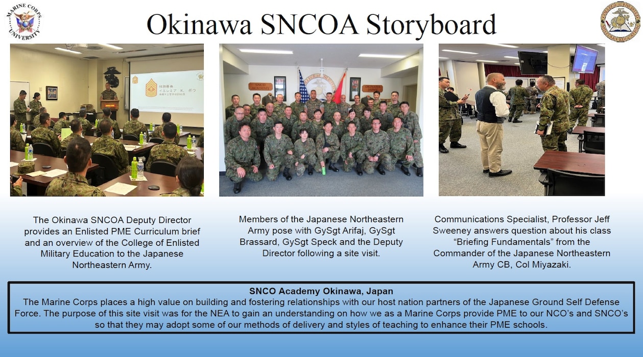 Members of the Japanese Ground Self Defense Force visit the Okinawa Staff NCO Academy. Their purpose was to see how the Marine Corps provides PME to NCOs and SNCOs, so that they may adopt some of our methods of delivery and styles of teaching.