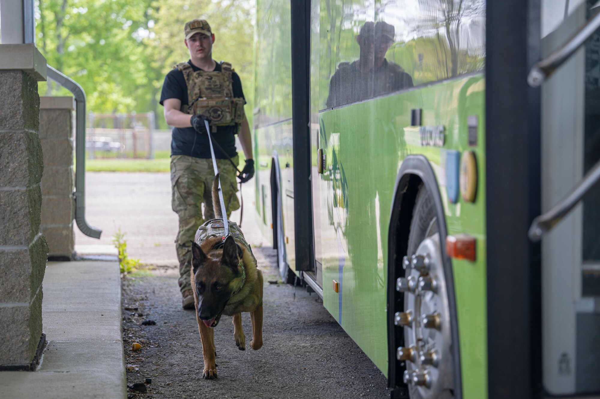 MWD handler and K9 walk alongside a bus outside.