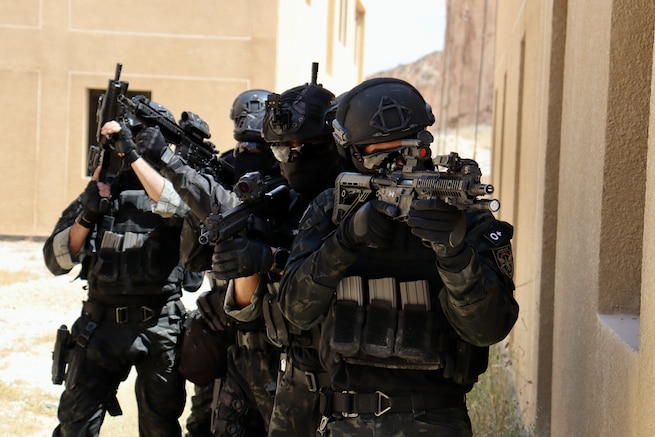 United Arab Emirates Special Operations Forces members conduct close quarters battle drills during Eager Lion 24 at King Abdullah II Operations Training Center, Jordan, May 12, 2024. Eager Lion 24 is a multilateral exercise, with 33 participating nations, hosted by the Hashemite Kingdom of Jordan, designed to exchange military expertise, and improve interoperability among partner nations, and considered the capstone of a broader U.S. military relationship with the Jordanian Armed Forces. Jordan is one of U.S. Central Command’s strongest and most reliable partners in the Levant sub-region. (U.S. Army photo by Master Jared Gehmann.)