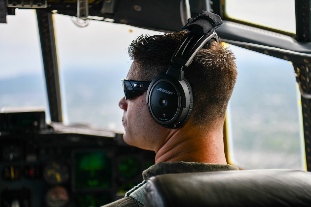 First Lt. Bill Baldrey, a pilot assigned to the 757th Airlift Squadron, co-pilots a local educator flight at Youngstown Air Reserve Station, Ohio, May 10, 2024.