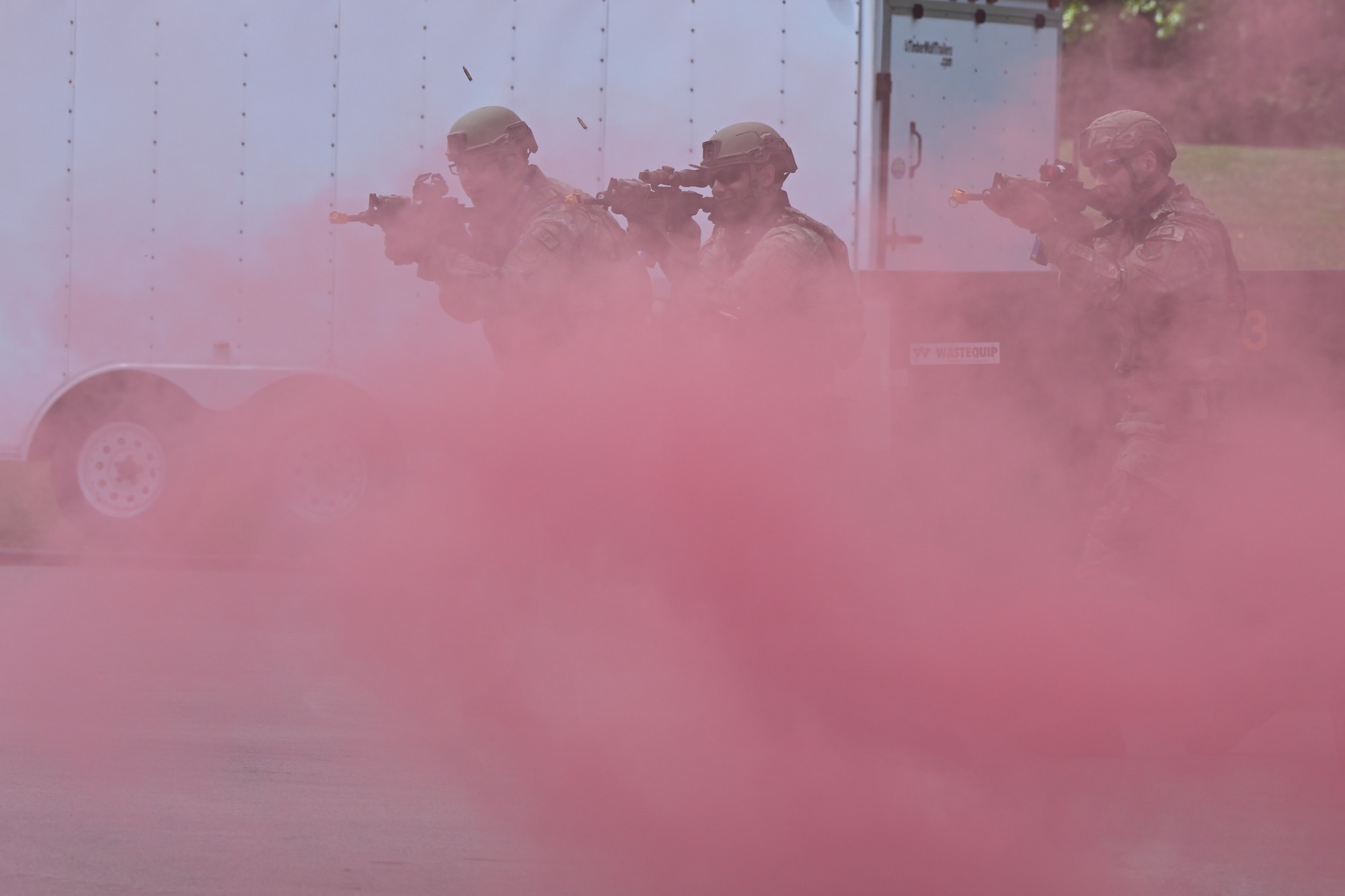 Members of the 910th Security Forces Squadron respond to a threat during a demonstration for local educators at Youngstown Air Reserve Station, Ohio, May 10, 2024.
