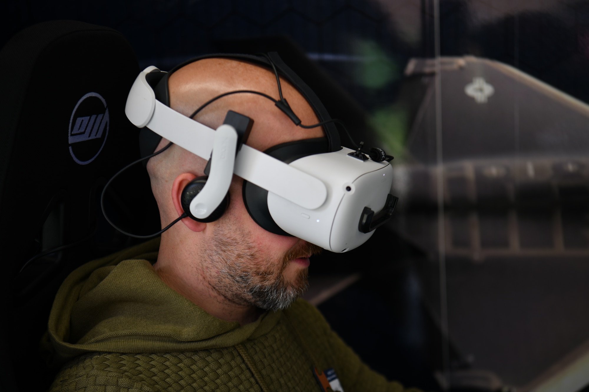 Joe Meyer, a Brookfield High School educator, tests out Air Force Reserve Recruiting’s virtual reality system during an installation tour at Youngstown Air Reserve Station, Ohio, May 10, 2024.