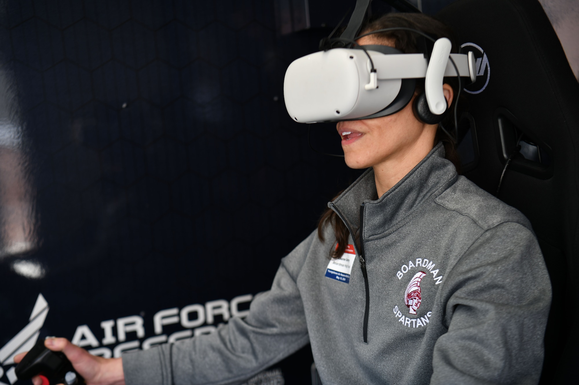Lauren Gerberry, a Boardman High School educator, tests out Air Force Reserve Recruiting’s virtual reality system during an installation tour at Youngstown Air Reserve Station, Ohio, May 10, 2024.