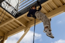 An educator rappels down the rappel tower as part of the 2024 Educator’s Workshop at Marine Corps Recruit Depot San Diego, California, May 9, 2024. Participants of the workshop visited MCRD San Diego from Recruiting Stations Dallas, Fort Worth, Phoenix and San Antonio to observe recruit training and gain a better understanding about the transformation from recruits to United States Marines. Educators also received classes and briefs on the benefits that are provided to service members serving in the United States armed forces. (U.S. Marine Corps photo by Lance Cpl. Jacob B. Hutchinson)