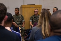U.S. Marines with Charlie Company, 1st Recruit Training Battalion, answer questions from educators from Recruiting Stations Dallas, Fort Worth, Phoenix and San Antonio as part of the 2024 Educator’s Workshop at Marine Corps Recruit Depot San Diego, California, May 9, 2024. Participants of the workshop visit MCRD San Diego to observe recruit training and gain a better understanding about the transformation from recruits to United States Marines. Educators also received classes and briefs on the benefits that are provided to service members serving in the United States armed forces. (U.S. Marine Corps photo by Lance Cpl. Jacob B. Hutchinson)