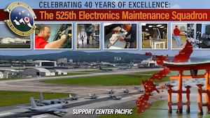 A graphic depicting Support Center Pacific's 40th anniversary along with a collages of Kadena Air Base images and photos of SCP employees working.
