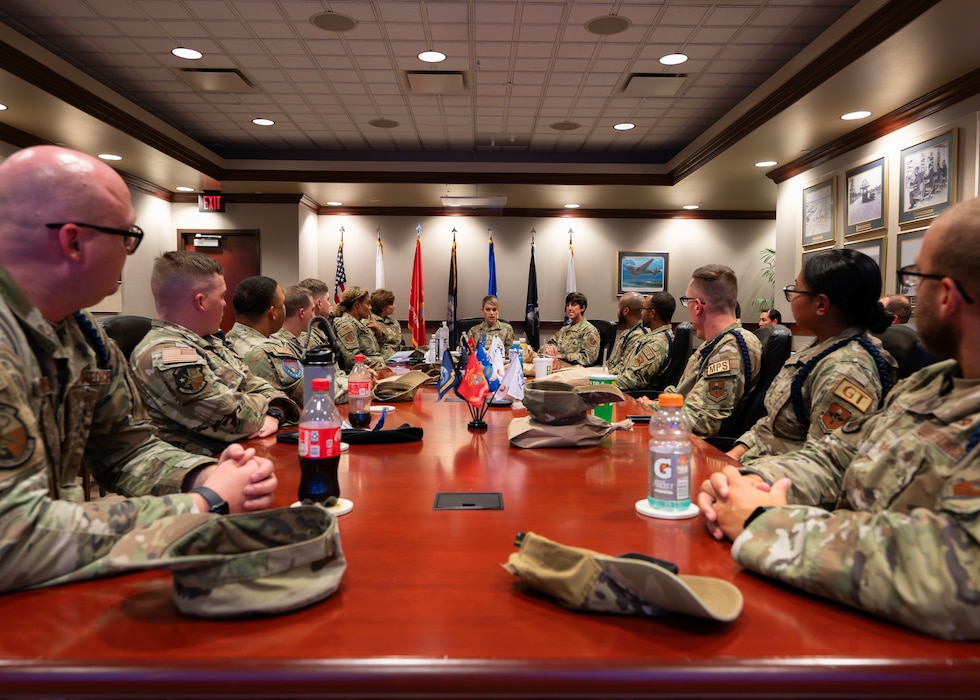 U.S. Air Force Maj. Gen. Michele Edmondson, Second Air Force commander, talks with senior enlisted leaders at Goodfellow Air Force Base, Texas, May 7, 2024. Edmondson sought insight from senior enlisted leaders to discuss areas of interest, aiming to enhance cohesion and align strategic objectives more effectively. (U.S. Air Force photo by Senior Airman Sarah Williams)