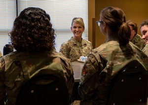 U.S. Air Force Maj. Gen. Michele Edmondson, Second Air Force commander, talks with first-term officers at Goodfellow Air Force Base, Texas, May 7, 2024. Edmondson sat down with first-term officers to provide mentorship, guidance and support, fostering their professional development. (U.S. Air Force photo by Senior Airman Sarah Williams)