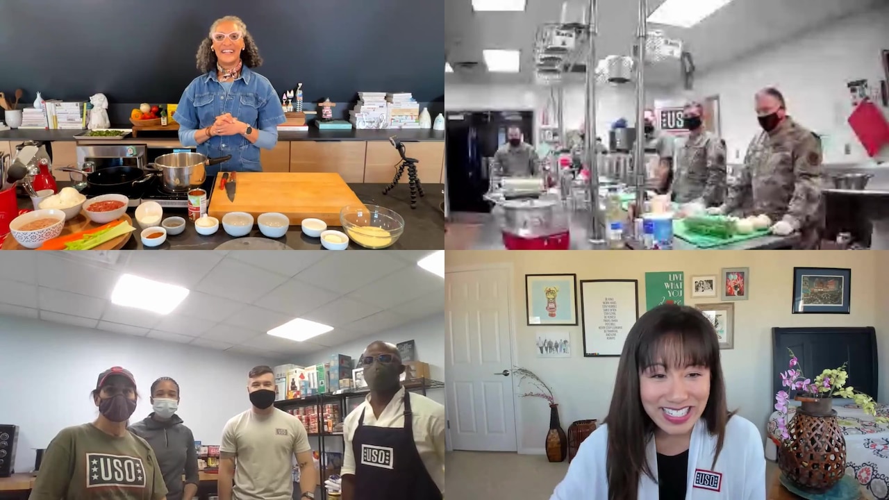 Four screens show three groups of people cooking; the fourth shows just a woman sitting.