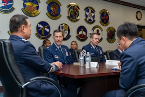 U.S Air Force Col. Billy Pope, Jr., 81st Training Wing commander, gives a mission brief to Republic of Korea Air Force Maj. Gen. Chunsong Choi, commander of Education and Training Command, during their visit to Keesler Air Force Base, Mississippi, May 9, 2024. ROKAF leaders visited Keesler to learn more about how the USAF is improving technical training for each specialty using advanced technologies. (U.S. Air Force photo by Andrew Young)