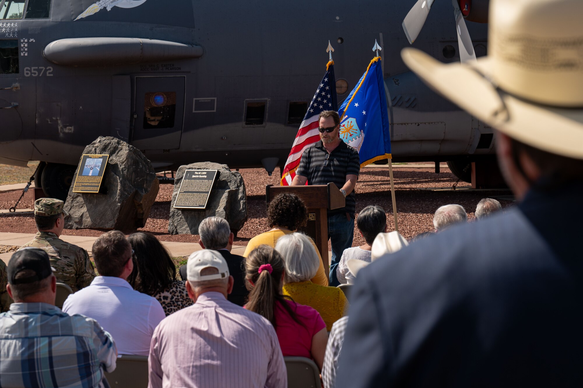 Jeffrey Davis, the Readiness and Environmental Protection Integration Program (REPI) technical program manager with the 27th Special Operations Civil Engineering Squadron, thanks community partners for their support during the sentinel landscape designation announcement, May 15, 2024, here. This designation builds on a successful first-of-its-kind REPI project that was initiated in 2021 when the 27th Special Operations Wing and local community partnered together, with local landowners, to focus on preserving the paleochannel aquifer that fed Cannon AFB wells.  (U.S. Air Force photo by Staff Sgt. Nicholas Swift)