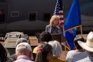 Dr. Ladona Clayton, Executive Director of the Ogallala Land & Water Conservancy, thanks Cannon AFB leadership and community partners for coming together as a community to help solve the challenge of water security in eastern New Mexico during the sentinel landscape designation announcement, May 15, 2024, here. The community-centered approach to water security that started with the Readiness and Environmental Protection Integration Program (REPI) project was made possible by 29 community partners, led by Clayton, Executive Director of the Ogallala Land & Water Conservancy. (U.S. Air Force photo by Staff Sgt. Nicholas Swift)