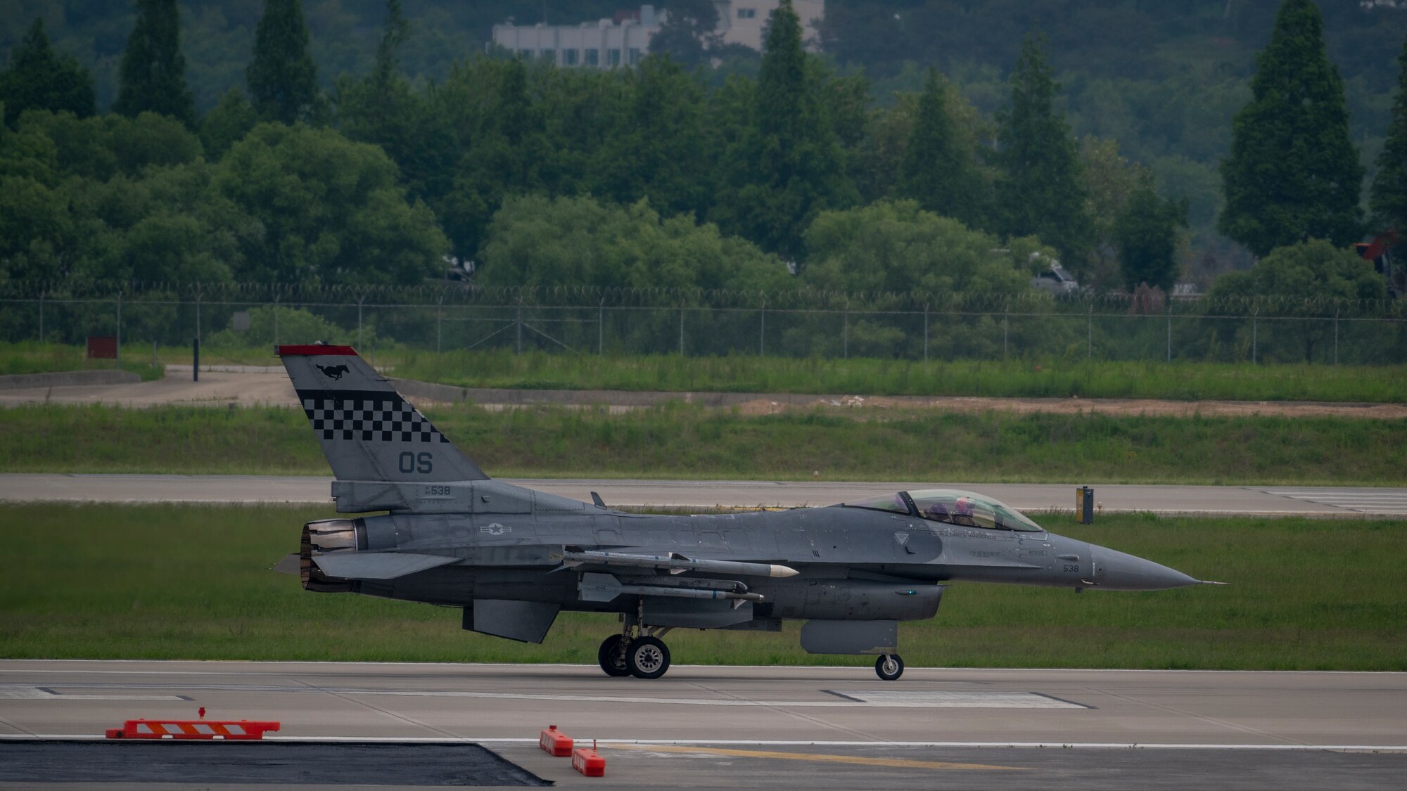 A U.S. Air Force F-16 Fighting Falcon assigned to the 36th Fighter Squadron prepares to take off during Beverly Herd 24-1 at Osan Air Base, Republic of Korea, May 15, 2024. The aircraft generation demonstrated the 51st Fighter Wing’s rapid generation capabilities and response readiness, ensuring the wing remains ready to “Fight Tonight.” Training is conducted throughout the year to generate combat airpower at a moment’s notice, affirming the commitment to the ROK remains ironclad and ensures regional stability throughout the U.S. Indo-Pacific Command. (U.S. Air Force photo by Senior Airman Sabrina Fuller-Judd)