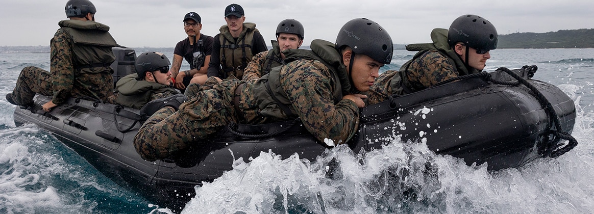 240514-M-GB409-1094 JAPAN (May 14, 2024) U.S. Marines with III Marine Expeditionary Force operate combat rubber raiding crafts during an incidental combat rubber raiding craft course at Naval Base White Beach, May 14, 2024, Okinawa, Japan. The course was hosted by Expeditionary Operations Training Group, III MEF, to enhance small boat operator’s abilities while conducting operations in maritime environments. (U.S. Marine Corps photo by Sgt. Savannah Mesimer)