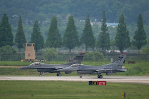 U.S. Air Force F-16 Fighting Falcons assigned to the 36th Fighter Squadron prepare to take off during Beverly Herd 24-1 at Osan Air Base, Republic of Korea, May 15, 2024. As the most forward deployed permanently based wing in the Air Force, the 51st Fighter Wing is charged with providing mission-ready Airmen to execute combat operations and receive follow-on forces. Training is conducted throughout the year to generate combat airpower at a moment’s notice, affirming the commitment to the ROK remains ironclad and ensures regional stability throughout the U.S Indo-Pacific Command. (U.S. Air Force photo by Senior Airman Sabrina Fuller-Judd)