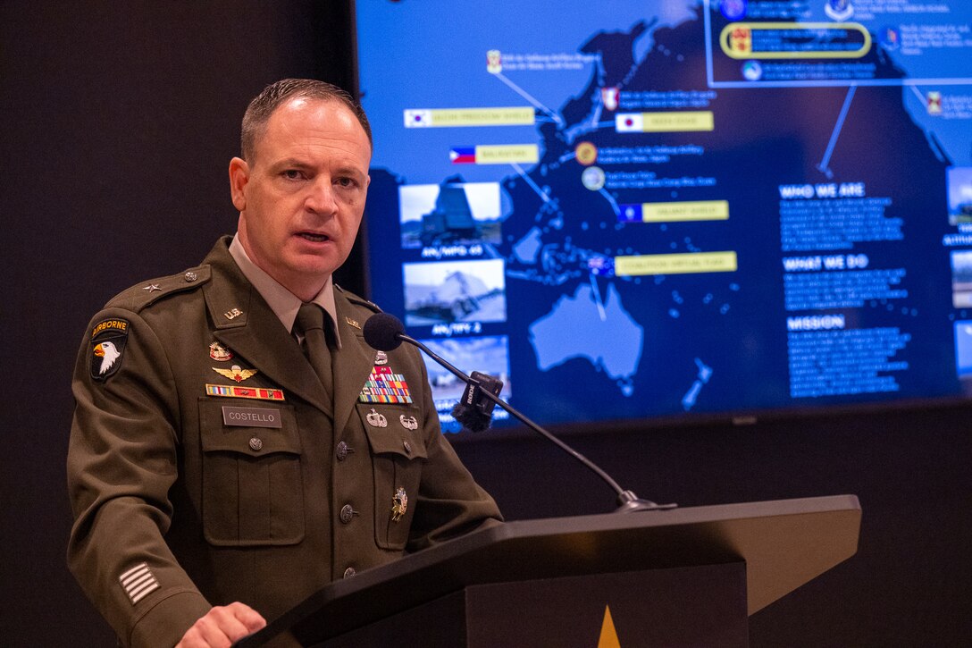 Brig. Gen. Patrick Castello, commander of the 94th Army Air and Missile Defense Command, presents at the “Commander's Corner” at the 11th annual Land Forces Pacific Symposium and Exposition (LANPAC), in Honolulu, Hawaii, May 15, 2024. LANPAC is the premiere land forces symposium and exposition in the most consequential region, bringing together government, academia, industry and allies. (U.S. Army photo by Sgt. ZaBarr Jones)
