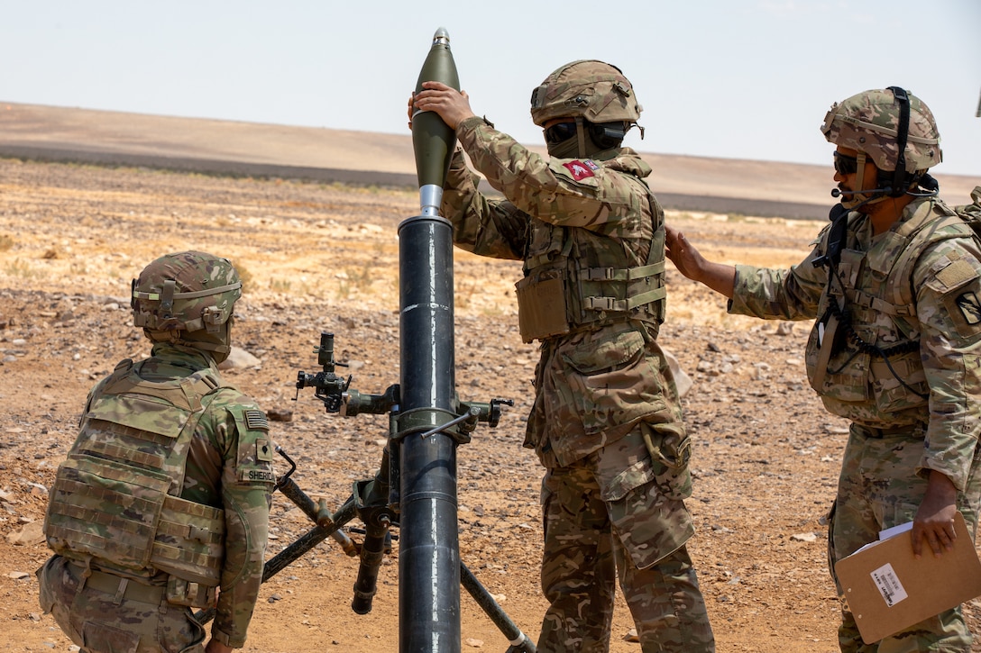 U.S. Army service members, assigned to Task Force Reaper, and U.K. Army service members, assigned to 2nd Battalion, The Royal Gurkha Rifles, fire the M121 120mm mortar system as part of Eager Lion 2024 at Training Area 5, Jordan, May 13, 2024. Eager Lion 24 is a multilateral exercise, with 33 participating nations, hosted by the Hashemite Kingdom of Jordan, designed to exchange military expertise, and improve interoperability among partner nations, and considered the capstone of a broader U.S. military relationship with the Jordanian Armed Forces. Jordan is one of U.S. Central Command’s strongest and most reliable partners in the Levant sub-region. (U.S. Army photo by Spc. Nataja Ford)