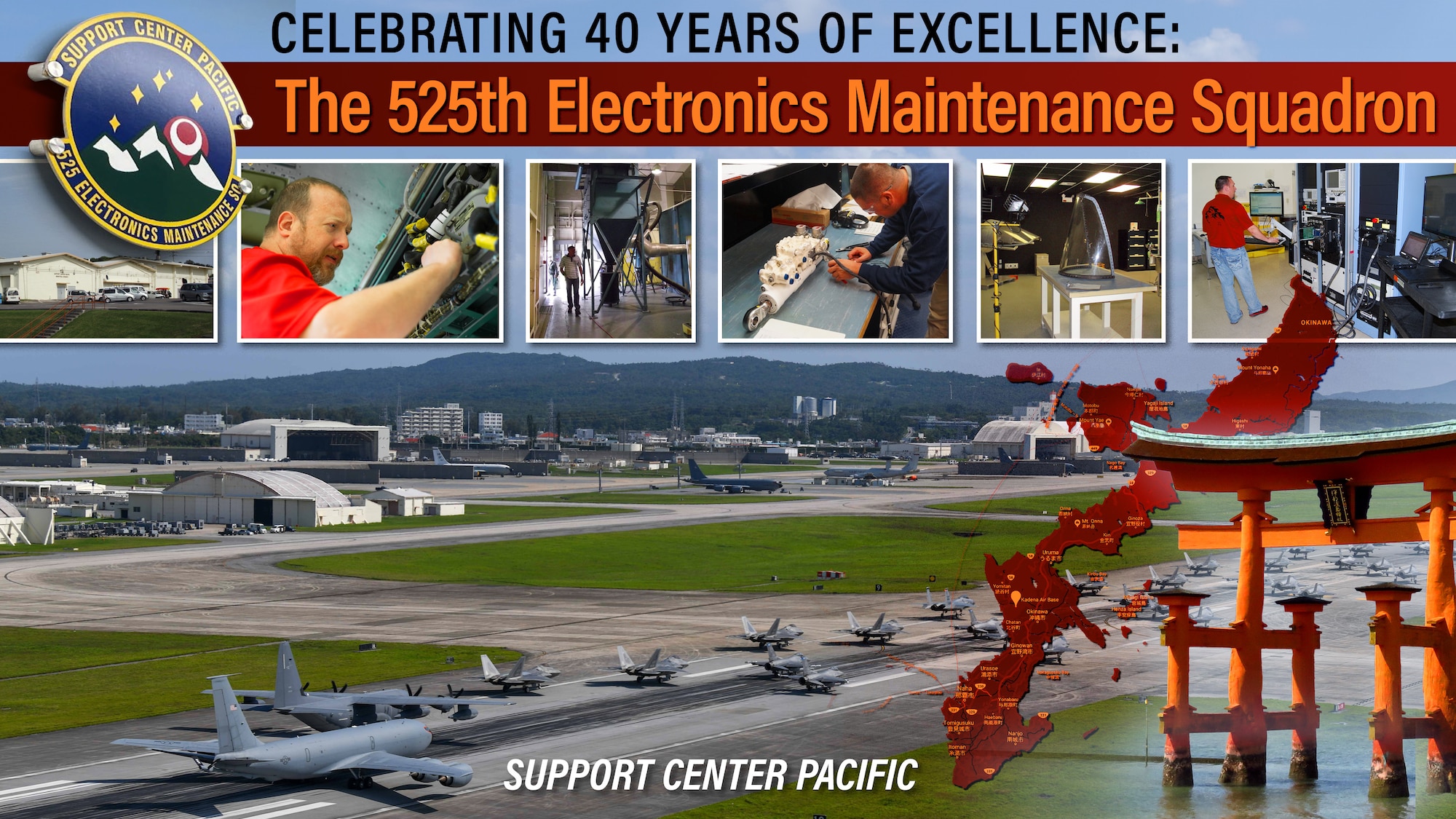 A graphic depicting Support Center Pacific's 40th anniversary along with a collages of Kadena Air Base images and photos of SCP employees working.