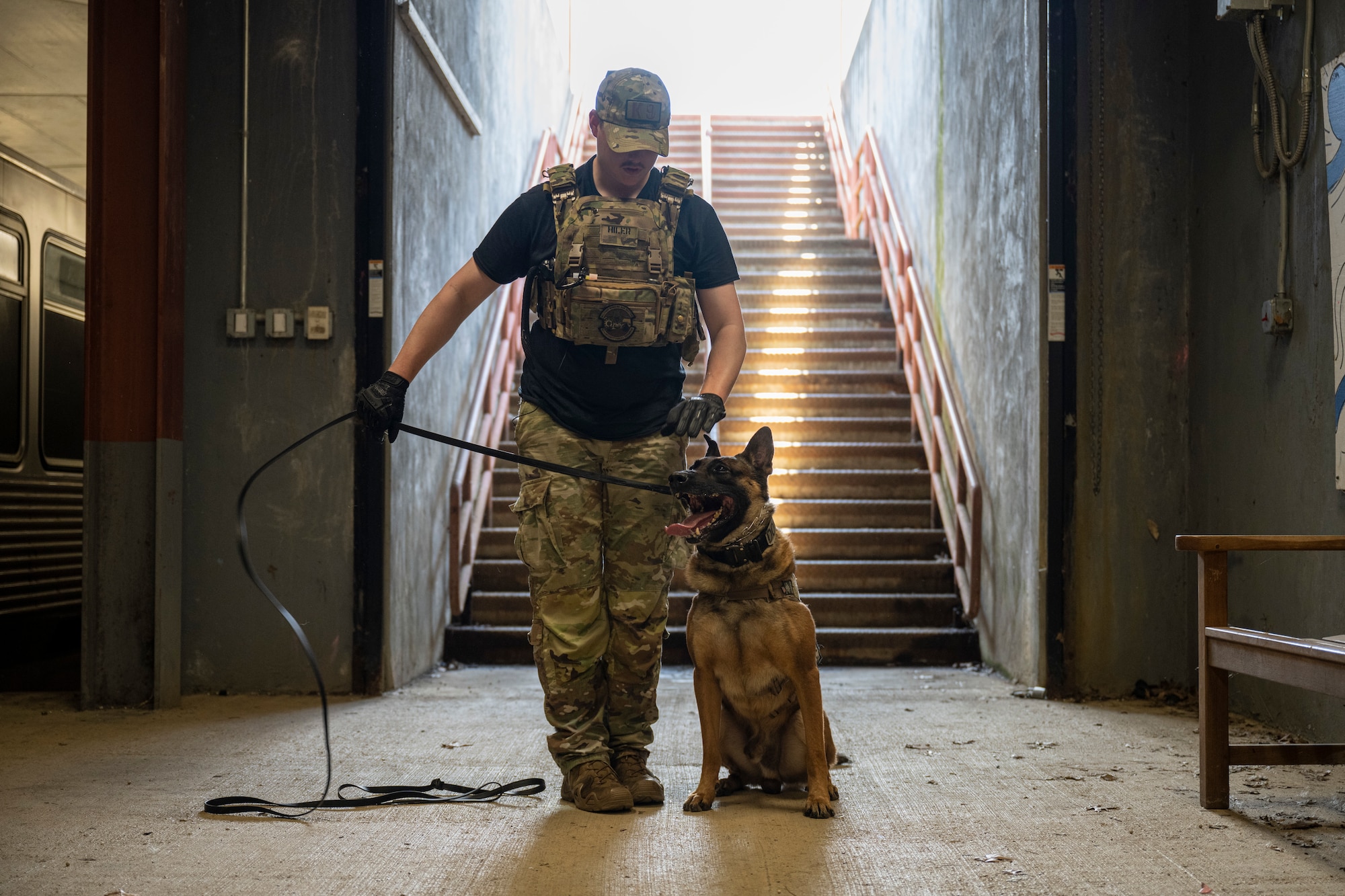 MWD handler and K9 stand in underground train station.