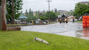 U.S. Air Force explosive ordnance disposal team members with the 51st Civil Engineer Squadron conducts inert ordnance removal during Beverly Herd 24-1 at Osan Air Base, Republic of Korea, May 15, 2024. The 51st CES EOD mission is to clear and defend the base from explosive hazards. Routine training events like Beverly Herd, are pivotal platforms for 51st Fighter Wing Airmen to refine their warfighting proficiencies through practical application, concurrently enhancing their ability to respond skillfully to contingencies. (U.S. Air Force photo by Staff Sgt. Aubree Owens)