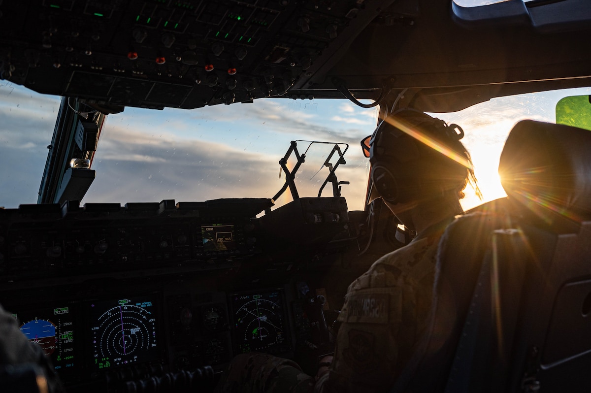 U.S. Air Force Capt. Kealohilani Mahi-Lyons, C-17 Globemaster III pilot, prepares to land.