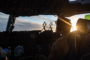 U.S. Air Force Capt. Kealohilani Mahi-Lyons, C-17 Globemaster III pilot, prepares to land.