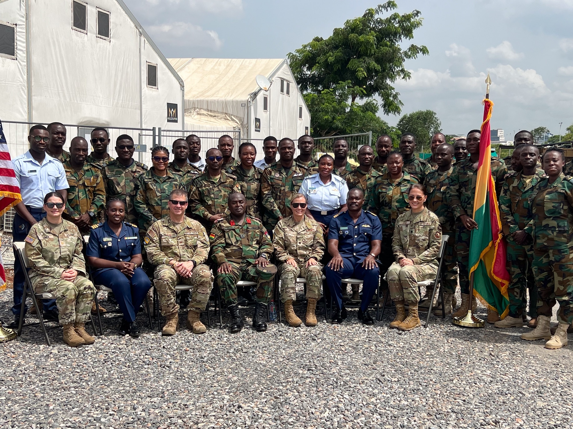Ghana Armed Forces personnel are joined by U.S. Air Force medical personnel and U.S. Embassy representatives on the graduation day to mark the completion of a train-the-trainer event in Accra, Ghana, in early May. The training was part of the GAF’s pursuit of United Nations validation of its Aeromedical Evacuation Team capabilities. (Courtesy photo)