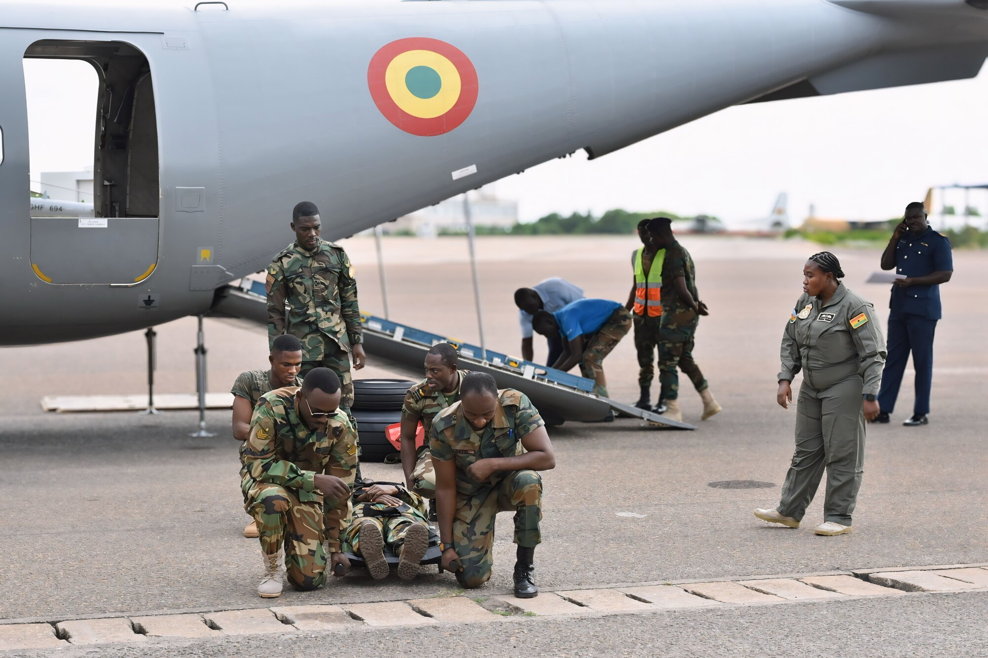 Medics in the Ghana Armed Forces train on patient movement techniques during a train-the-trainer event in conjunction with a U.S. Air Force Global Health Engagements team, in Accra, Ghana in early May. The training was part of the GAF’s pursuit of United Nations validation of its Aeromedical Evacuation Team capabilities. (Courtesy photo)