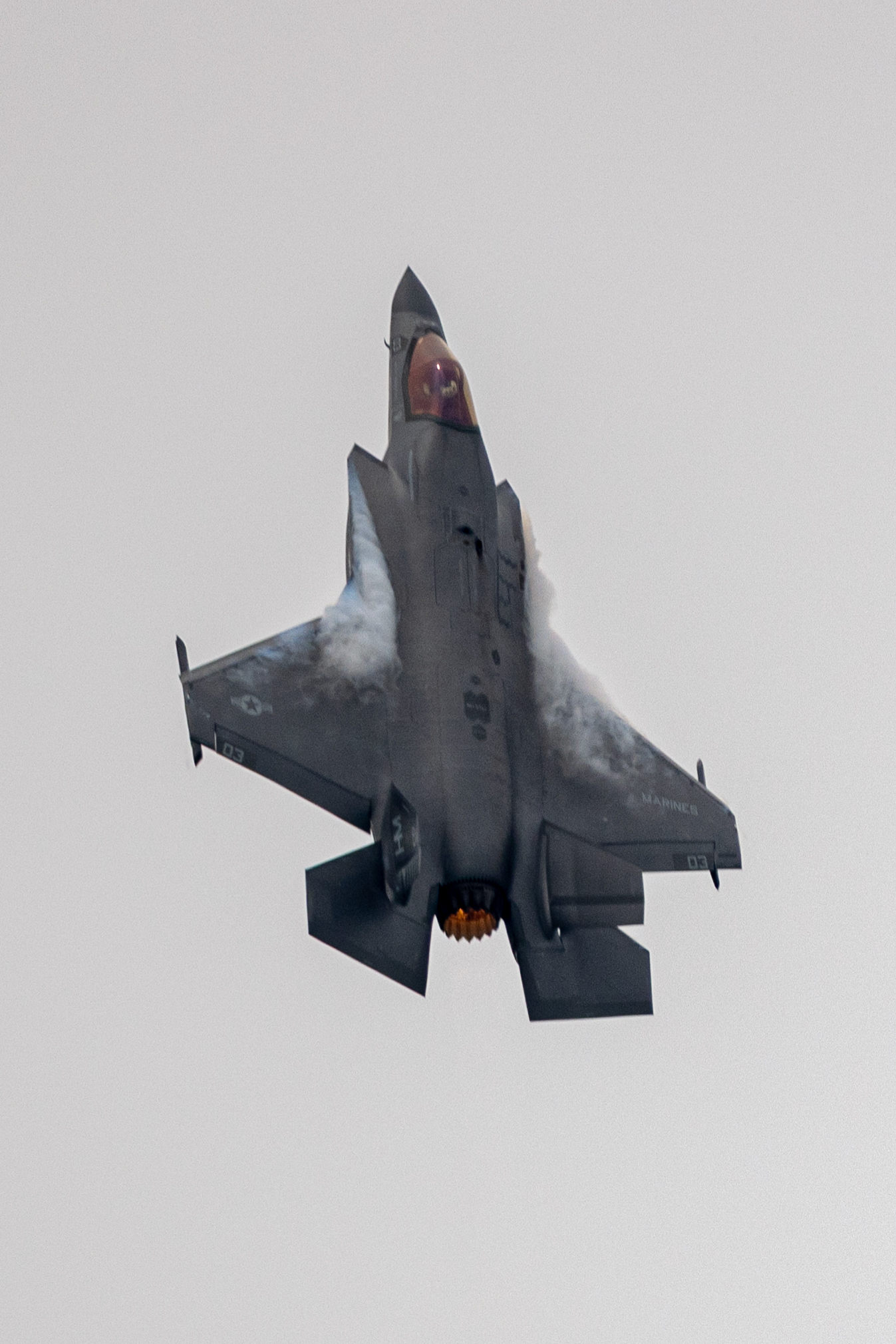 A U.S. Marine Corps F-35B Lightning Jet II practices its performance for the 2024 Marine Corps Air Station Cherry Point Air Show, North Carolina, May 9, 2024. The MCAS Cherry Point airshow dazzles audiences with captivating displays of Marine Corps aviation's capabilities and skills, while simultaneously serving as an enriching platform for the public to gain deeper insights into the Marine Corps and its vital mission. (U.S. Marine Corps photo by Lance Cpl. Matthew Williams)