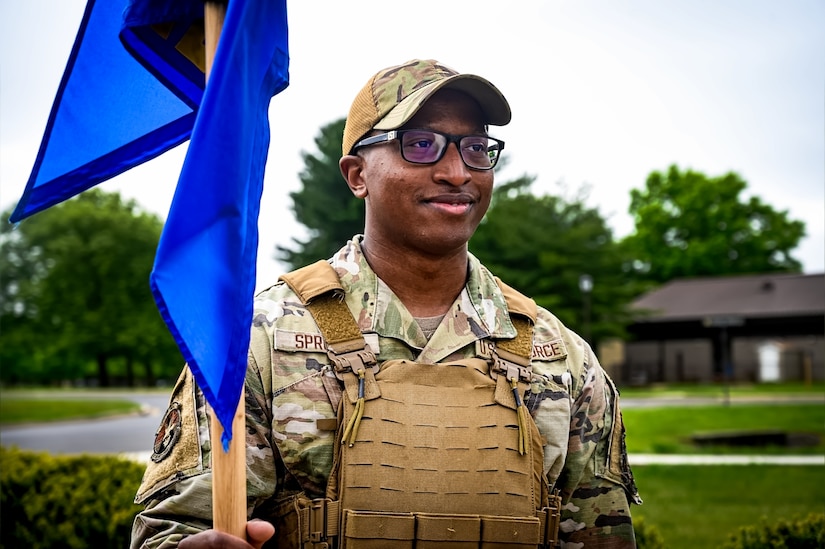 Senior Airmen Tyvon Spruell, 87th Security Forces Squadron raven, participates in an opening ceremony for Police Week at Joint Base McGuire-Dix-Lakehurst, N.J., May 13, 2024. In 1962, President John F. Kennedy proclaimed May 15 as National Peace Officers Memorial Day and the calendar week in which May 15 falls, as National Police Week.