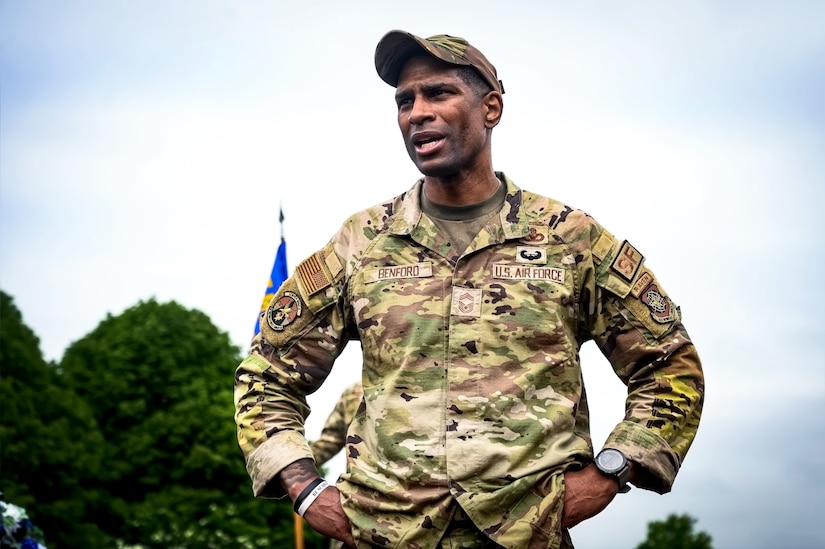 Chief Master Sgt. Scott Benford, 87th Security Forces Squadron senior enlisted leader, participates in an opening ceremony for Police Week at Joint Base McGuire-Dix-Lakehurst, N.J., May 13, 2024. In 1962, President John F. Kennedy proclaimed May 15 as National Peace Officers Memorial Day and the calendar week in which May 15 falls, as National Police Week.