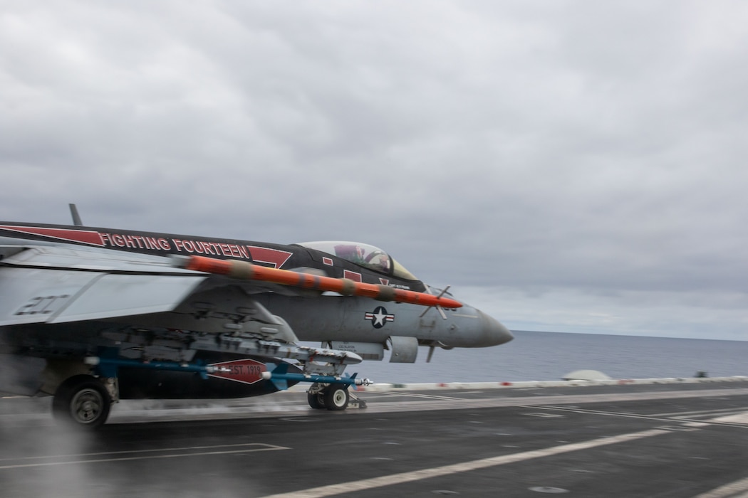 VFA-14 launches from USS Abraham Lincoln (CVN 72) during flight operations in the Pacific Ocean.