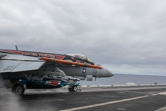 VFA-14 launches from USS Abraham Lincoln (CVN 72) during flight operations in the Pacific Ocean.