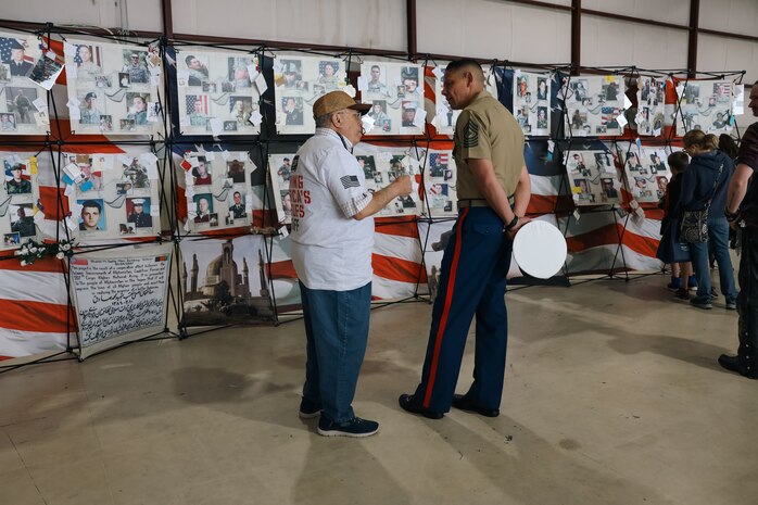 U.S. Marine Corps Sgt.Maj. Carlos A. Ruiz, the 20th Sergeant Major of the Marine Corps, speaks with attendees during the 9th Annual Friends In Service of Heroes Armed Forces Celebration Day at New Century, Kansas on May 4th, 2024. Sgt.Maj. Ruiz visited the current command and the future officers and enlisted Marines of Recruiting Station Kansas City prior to giving remarks at the AFD event. AFD, annually conducted by FISH, serves as an event to recognize and honor service members and veterans who have chosen duty, honor, and country to protect our freedoms. (U.S. Marine Corps photo by Sgt. Alexis Moradian)