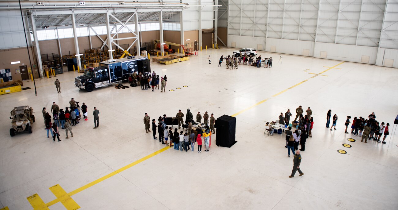 Overall of the Career Day booths in the hangar