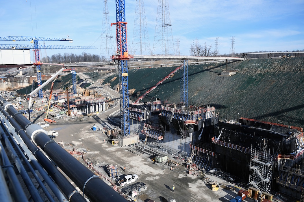 Ongoing construction at the Kentucky Lock mega project in February, 2024. (USACE Photo by Matt Dyman)