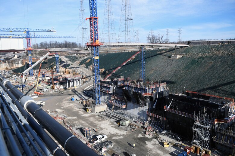 Ongoing construction at the Kentucky Lock mega project in February, 2024. (USACE Photo by Matt Dyman)