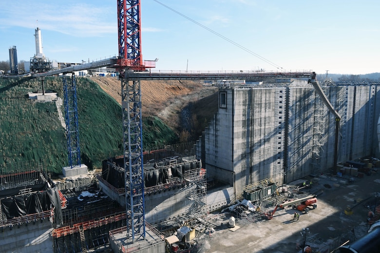 Ongoing construction at the Kentucky Lock mega project in February, 2024. (USACE Photo by Matt Dyman)