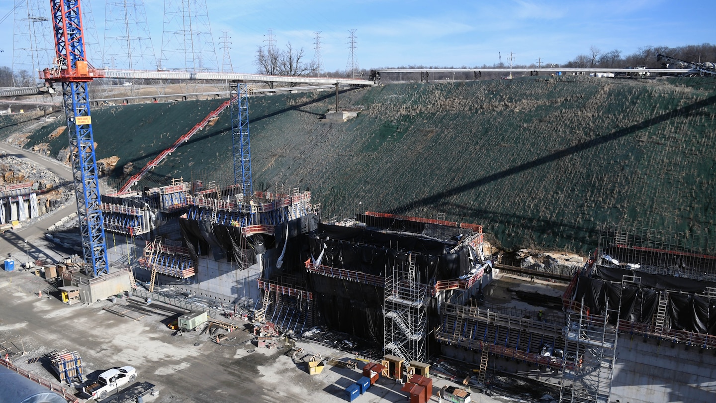 Ongoing construction at the Kentucky Lock mega project in February, 2024. (USACE Photo by Matt Dyman)