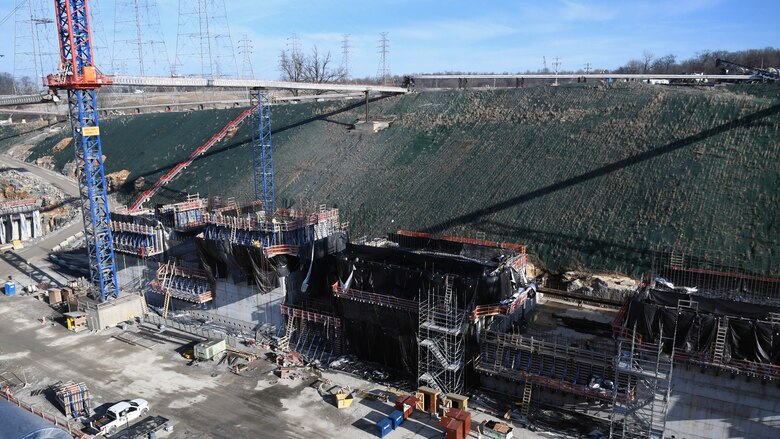 Ongoing construction at the Kentucky Lock mega project in February, 2024. (USACE Photo by Matt Dyman)