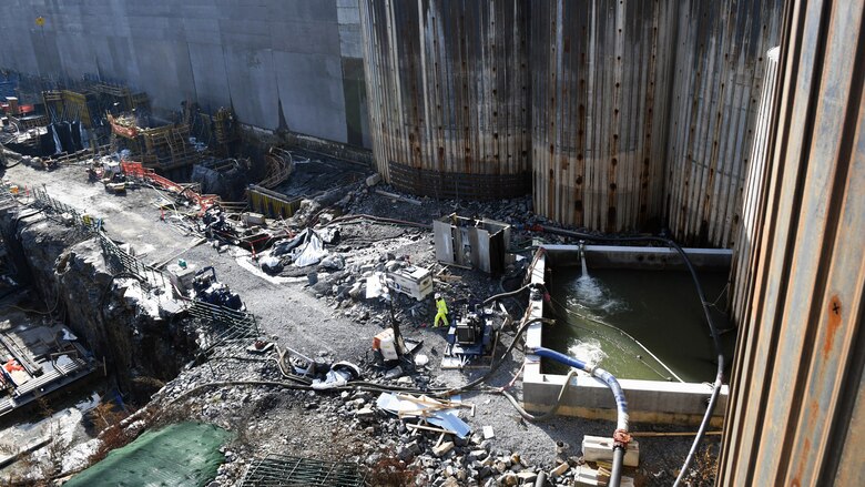 Ongoing construction at the Kentucky Lock mega project in February, 2024. (USACE Photo by Matt Dyman)