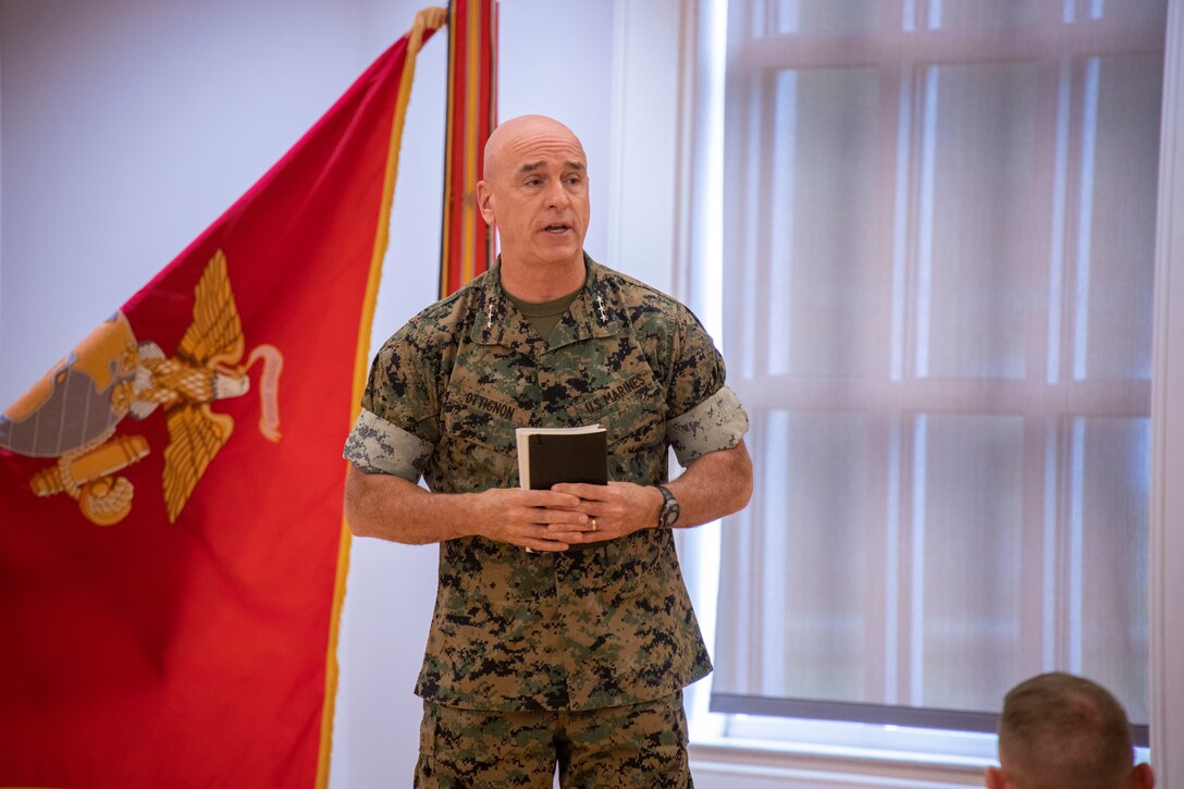 U.S. Marine Corps Lt. Gen. David Ottignon, the commanding general of II Marine Expeditionary Force, gives remarks during Col. Samuel Meyer’s frocking ceremony to Brigadier General at Marine Corps Base Camp Lejeune, North Carolina, May 9, 2024. Frocking is a tradition where Marines are advanced to the next pay grade, assuming the title and the responsibilities prior to their official date of promotion.  (U.S. Marine Corps photo by Cpl. Marc Imprevert)