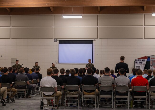 9th Marine Corps District Officer Candidates, participated in the 9th Marine Corps District Mini Officer Candidate School, at Camp Dodge Iowa, April 2, 2024. During MINI OCS officer candidates prepared mentally and physically for the rigors of OCS the event culminated with officer candidates getting the opportunity to seek guidance and advice from the sergeant instructors and Marine Corps leaders from across the 9th Marine Corps Recruiting District. (U.S. Marine Corps photo by Cpl. Collette Hagen)